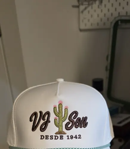White rope cap embroidered with the VJ Son Desde 1942 logo and a green cactus